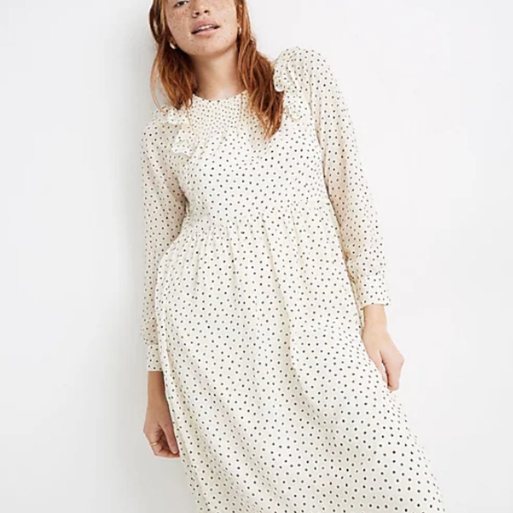 Madewell Smocked Ruffle-Shoulder Midi Dress in Inkbrush Dots